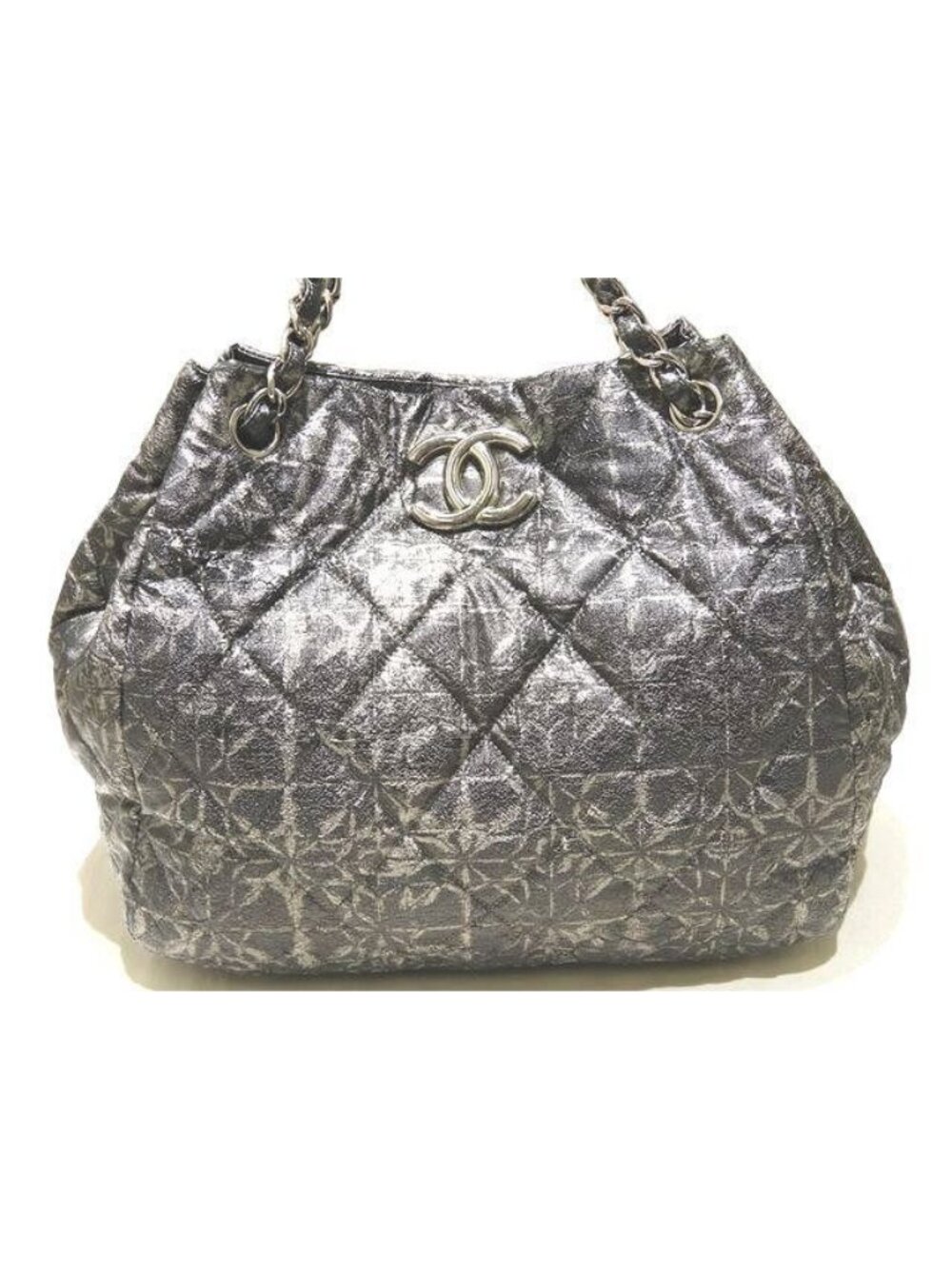 Chanel Nylon Processed Chain Shoulder Bag Gray Silver CC Logo Quilted